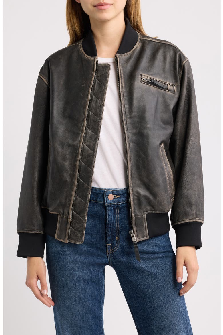 Goat Crack Leather Bomber Jacket, Main, color, BLACK
