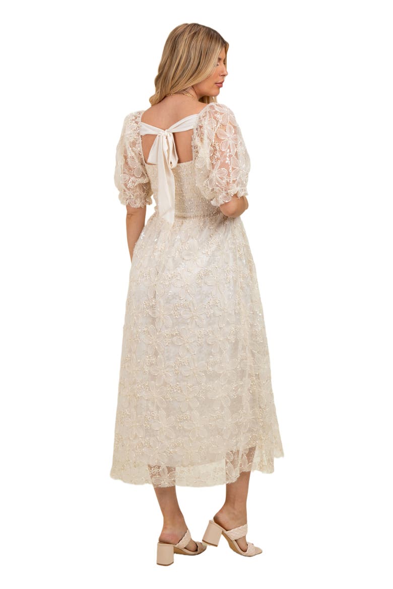 Floral Mesh Overlay Tie Back Midi Dress, Alternate, color, Cream