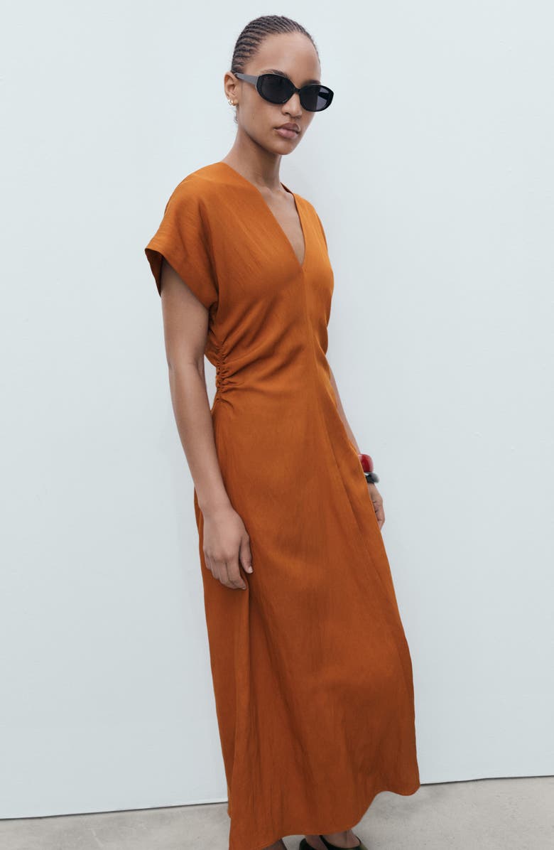 MANGO Ruched Midi Dress, Alternate, color, Brown