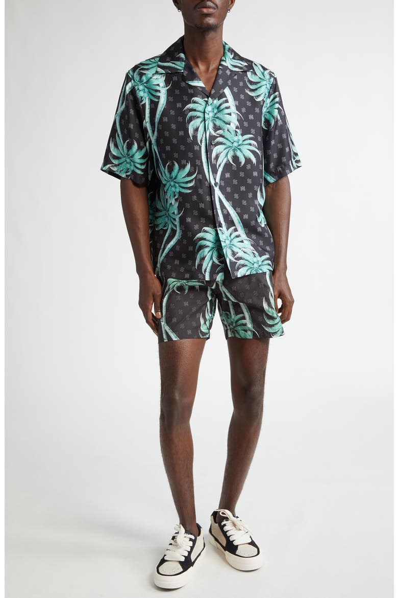 Twisted Palms Print Swim Trunks, Alternate, color, BLACK