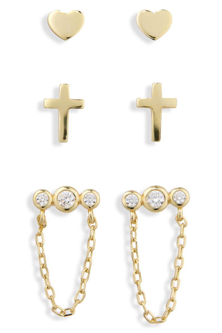 Pack of 3 Assorted Studs & Crystal Chain Drop Earrings Set, Alternate, color, GOLD