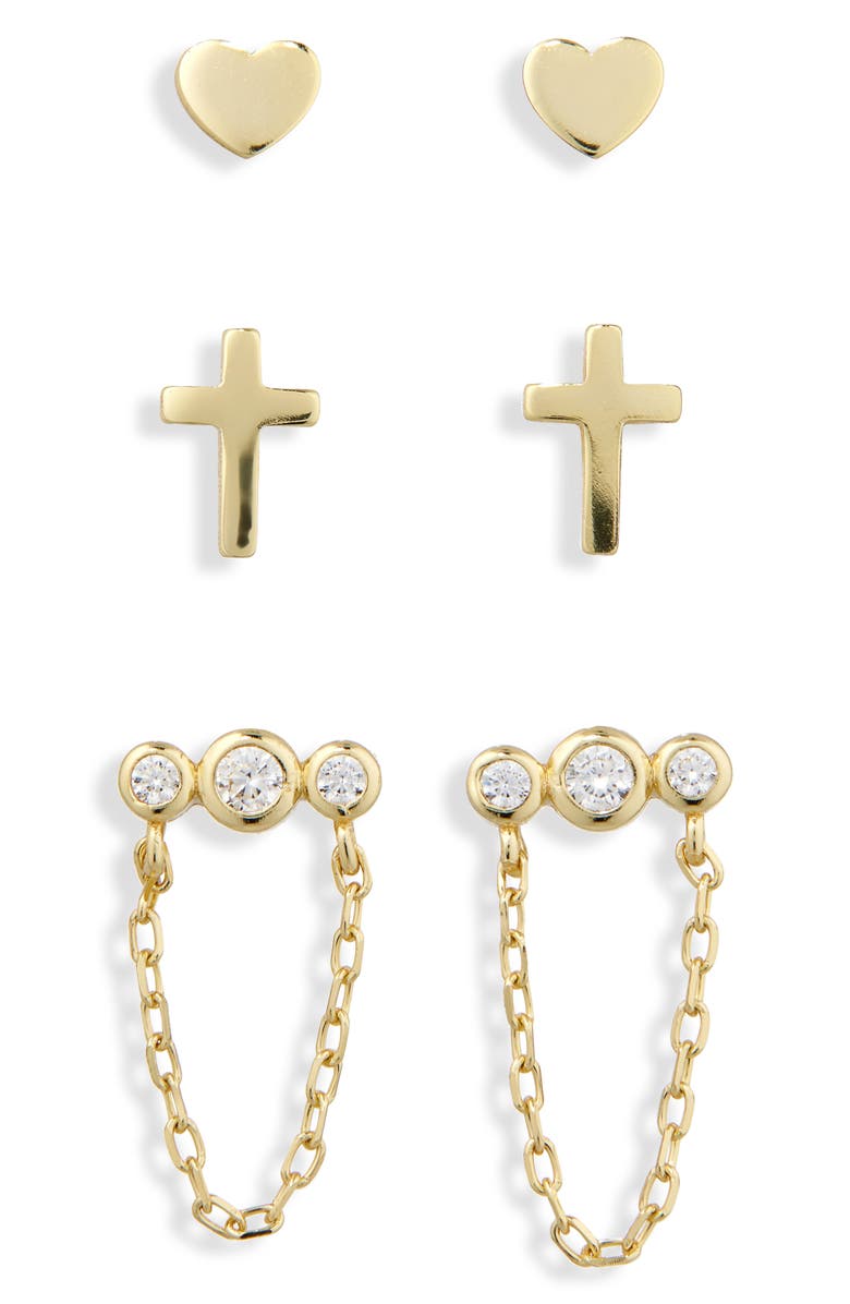 ARGENTO VIVO Pack of 3 Assorted Studs & Crystal Chain Drop Earrings Set, Alternate, color, Gold