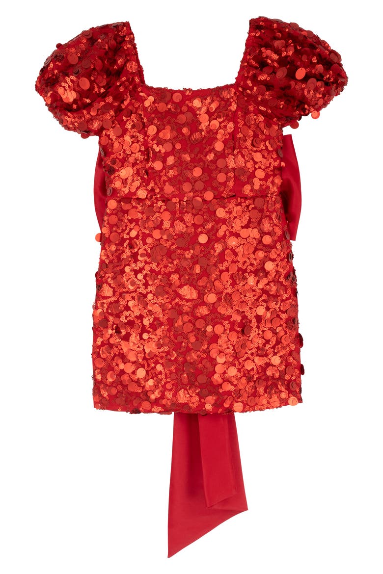 Kids' Sequin Puff Sleeve Shift Dress with Back Bow, Main, color, RED