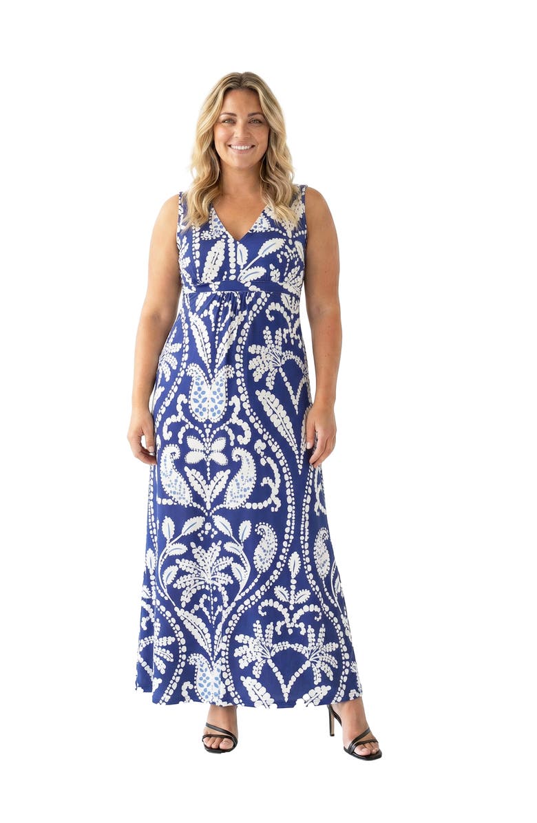 24seven Comfort Apparel Curvy Essential Paisley Print V-Neck Sleeveless Tie Back Empire Waist Maxi Dress, Main, color, Blue Multi