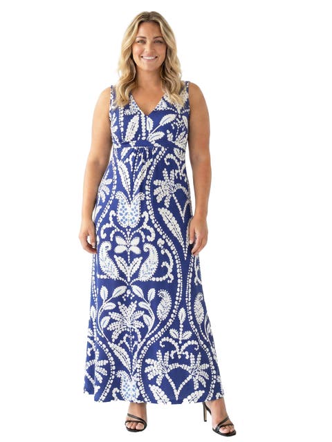 Curvy Essential Paisley Print V-Neck Sleeveless Tie Back Empire Waist Maxi Dress