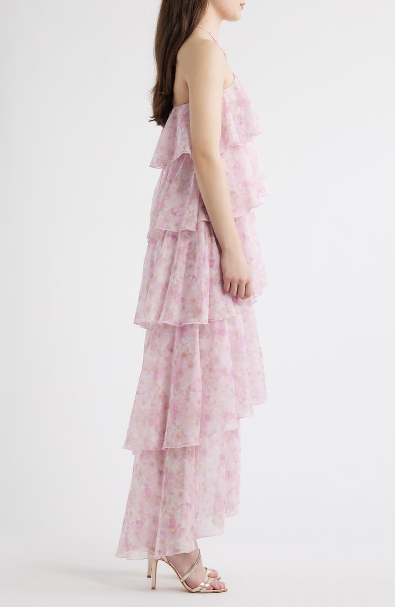 Lulus Maisie Ruffle Halter Maxi Dress, Alternate, color, Pink Multi