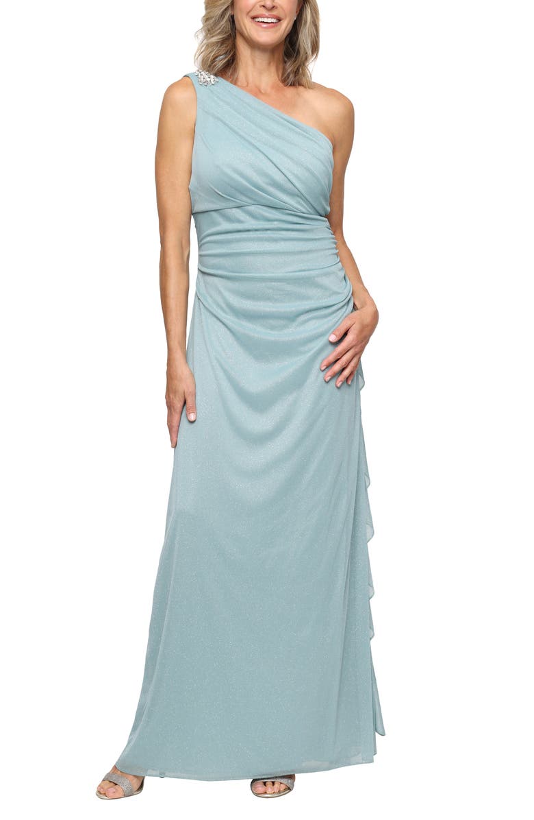 Alex Evenings One-Shoulder Glitter Mesh Gown, Main, color, Ice Sage