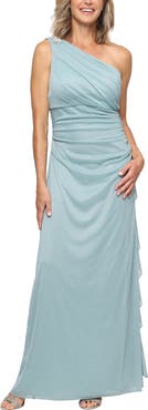 Alex Evenings One-Shoulder Glitter Mesh Gown