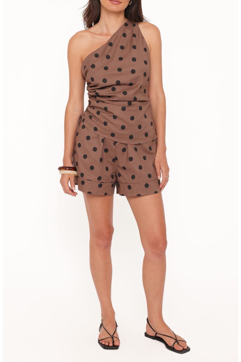Carter One-Shoulder Top & Shorts Set, Main, color, BROWN POLKA DOT