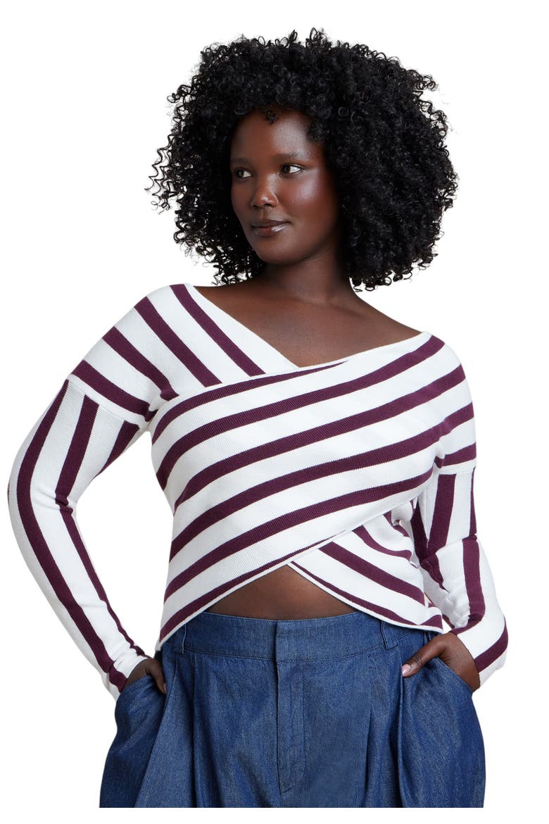 Striped Wrap Front Cropped Sweater, Main, color, BURGUNDY/WHITE STRIPE