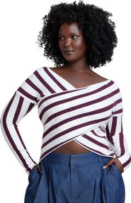 ELOQUII Striped Wrap Front Cropped Sweater
