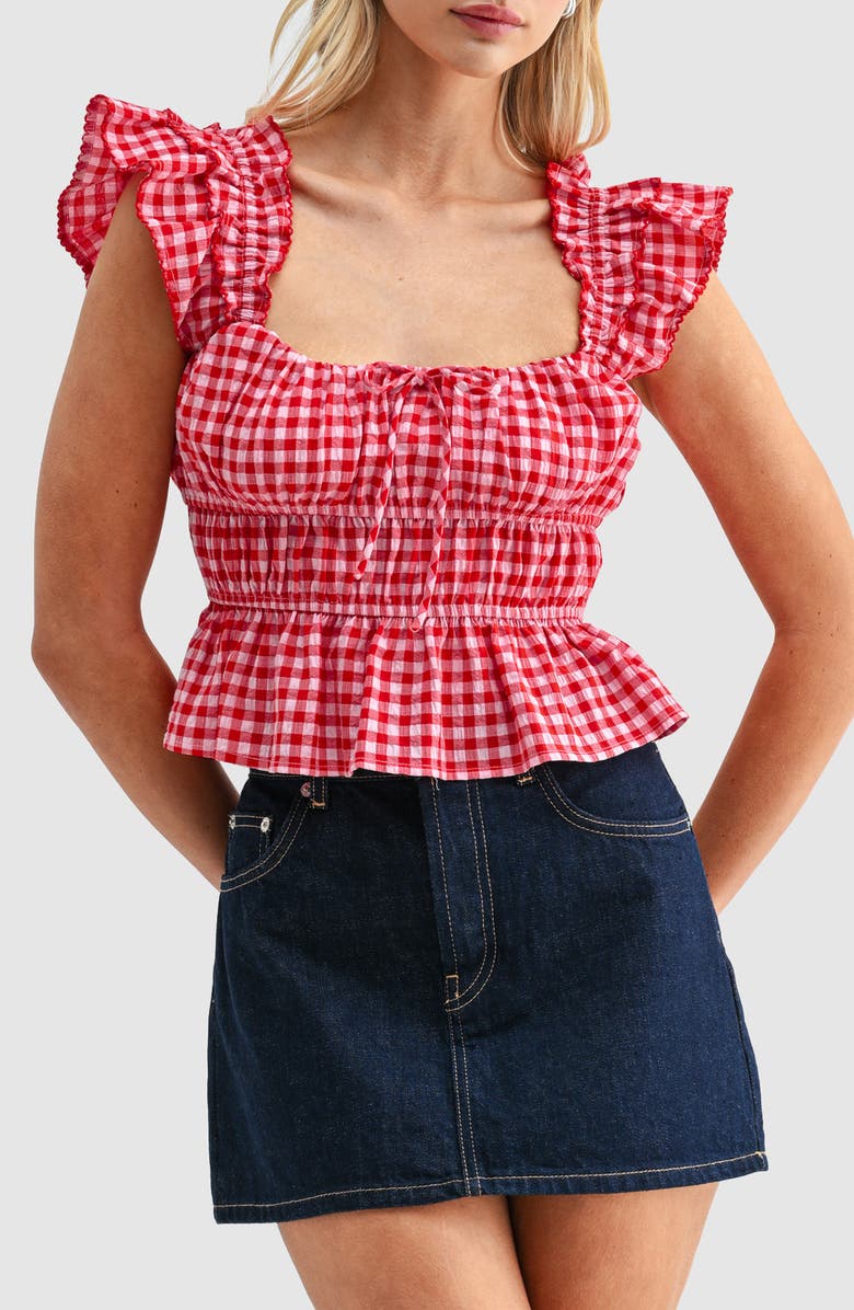 All in Favor Gingham Smocked Bodice Peplum Top, Main, color, Red Gingham
