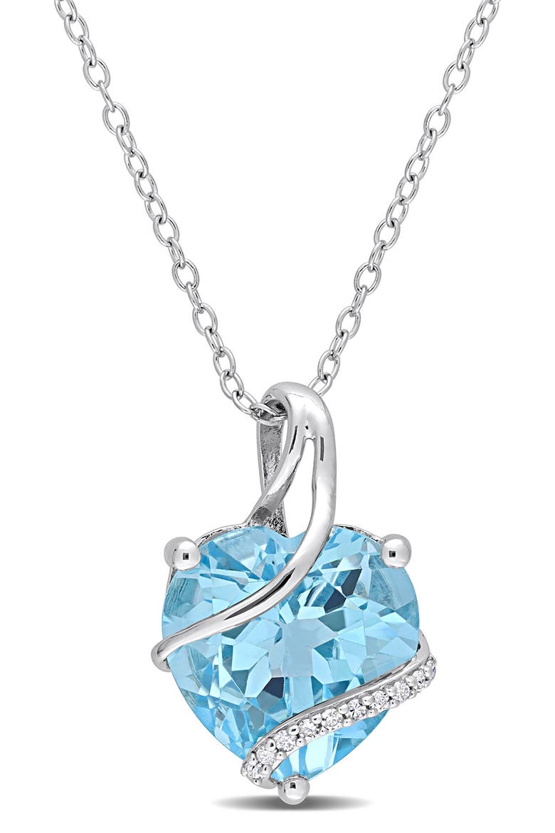 Sterling Silver Diamond Ribbon Sky Blue Topaz Heart Pendant Necklace - 0.05 ctw, Main, color, BLUE