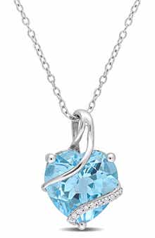 DELMAR Sterling Silver Diamond Ribbon Sky Blue Topaz Heart Pendant Necklace - 0.05 ctw