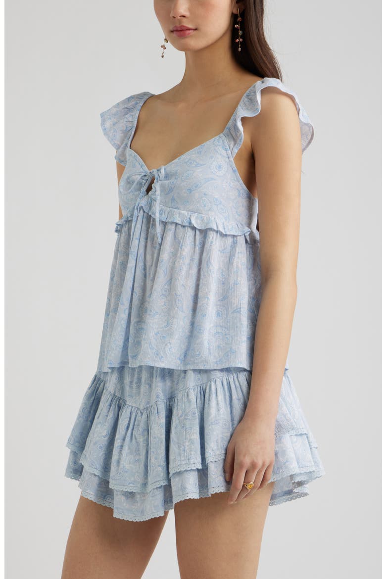 Tie Front Flutter Sleeve Babydoll Top, Alternate, color, BLUE- WHITE ELISABETH PAISLE