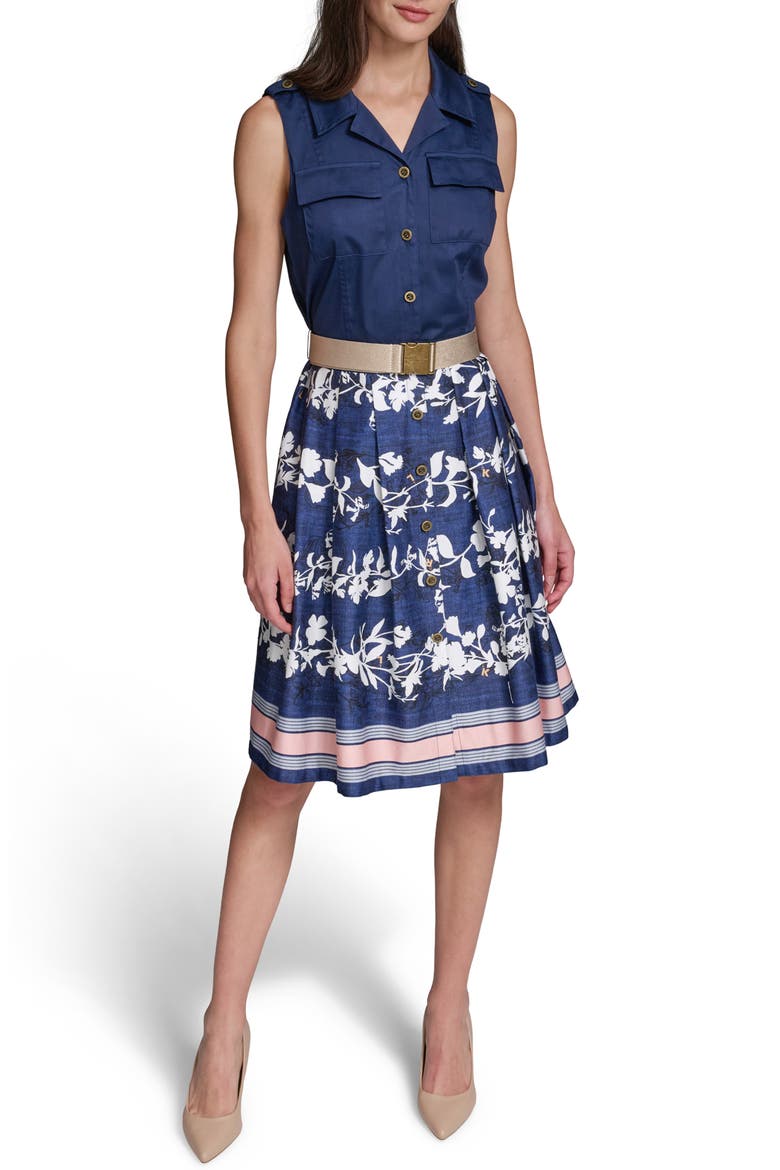 Mixed Media Belted Shirtdress, Main, color, MIDNIGHT NAVY/ SOFT WHITE