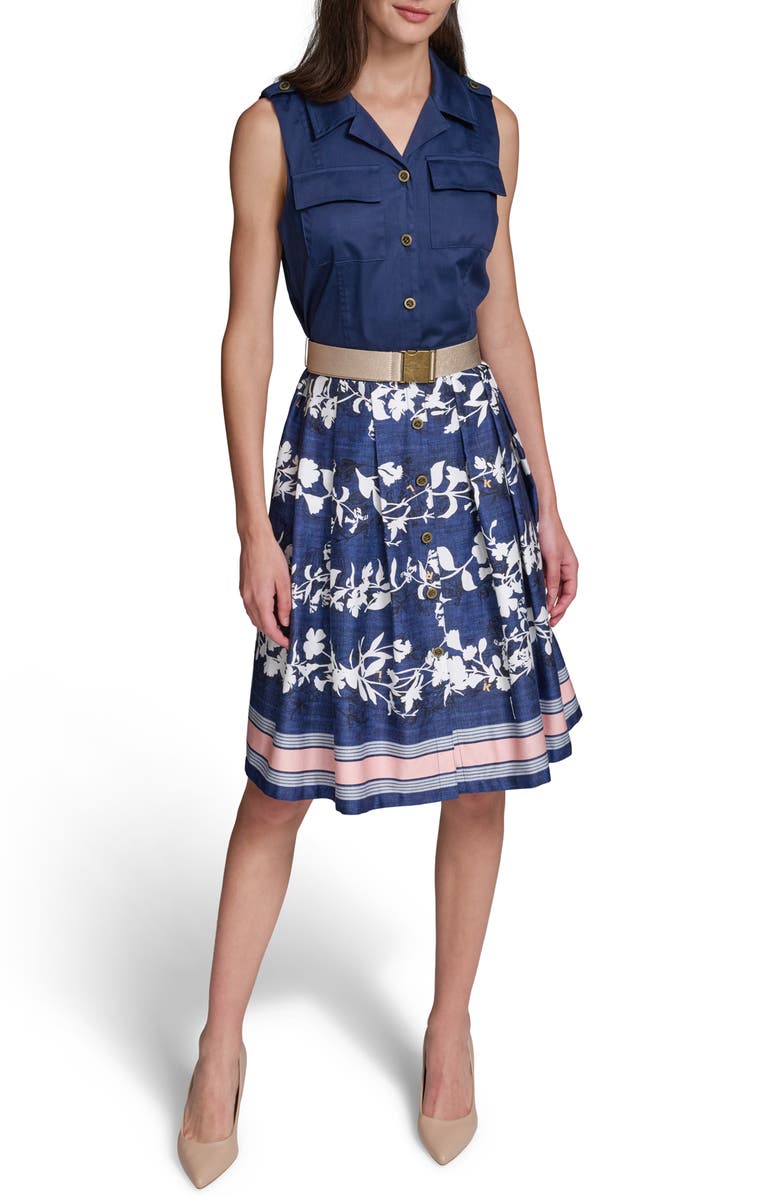 KARL LAGERFELD PARIS Mixed Media Belted Shirtdress, Main, color,
