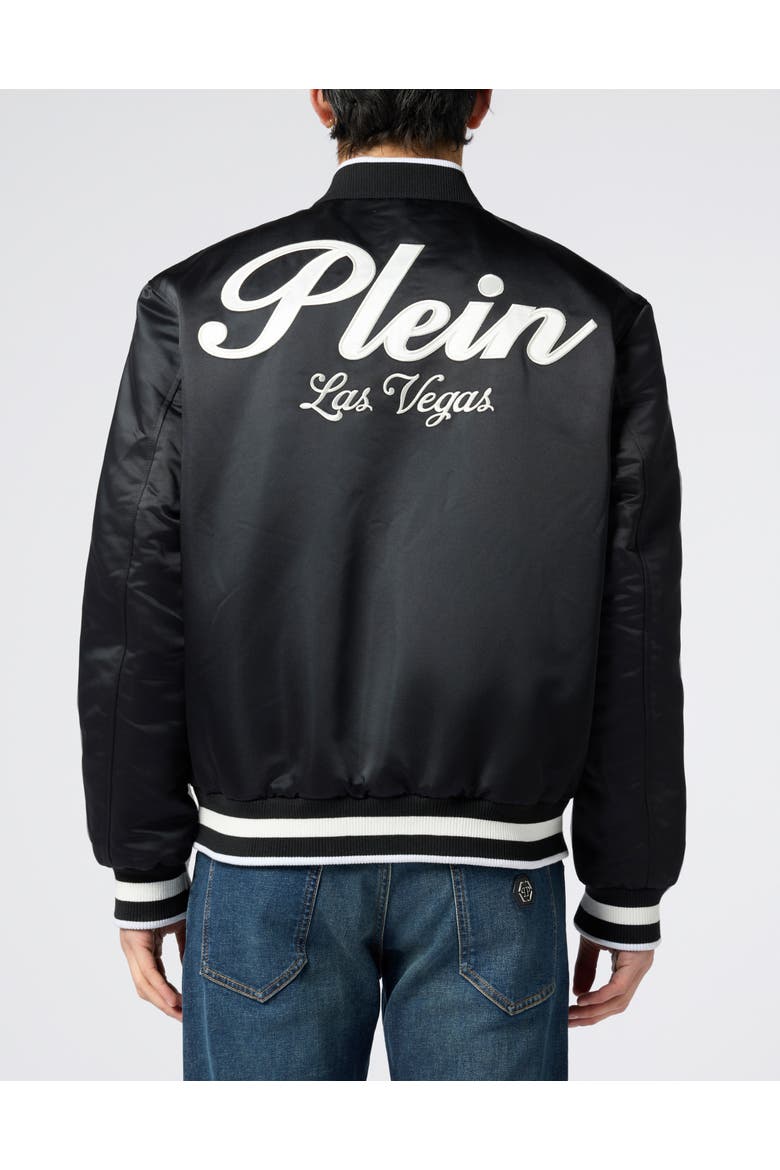 Shiny Satin Varsity Bomber Signature Las Vegas Men, Alternate, color, black