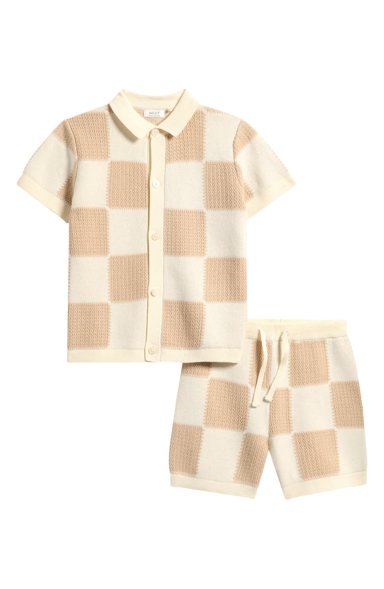NEXT Kids' Checkerboard Knit Button-Up Shirt & Shorts Set, Main, color, Neutral