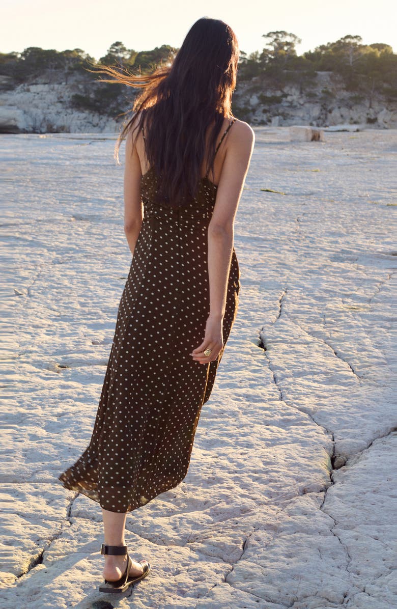 MANGO Ruched Dot Sleeveless Maxi Dress, Alternate, color, Chocolate