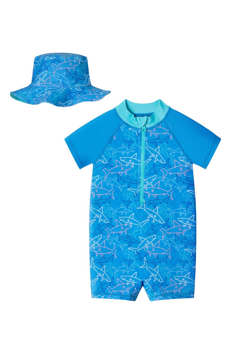 Andy & Evan Swim Romper & Hat Set, Main, color,