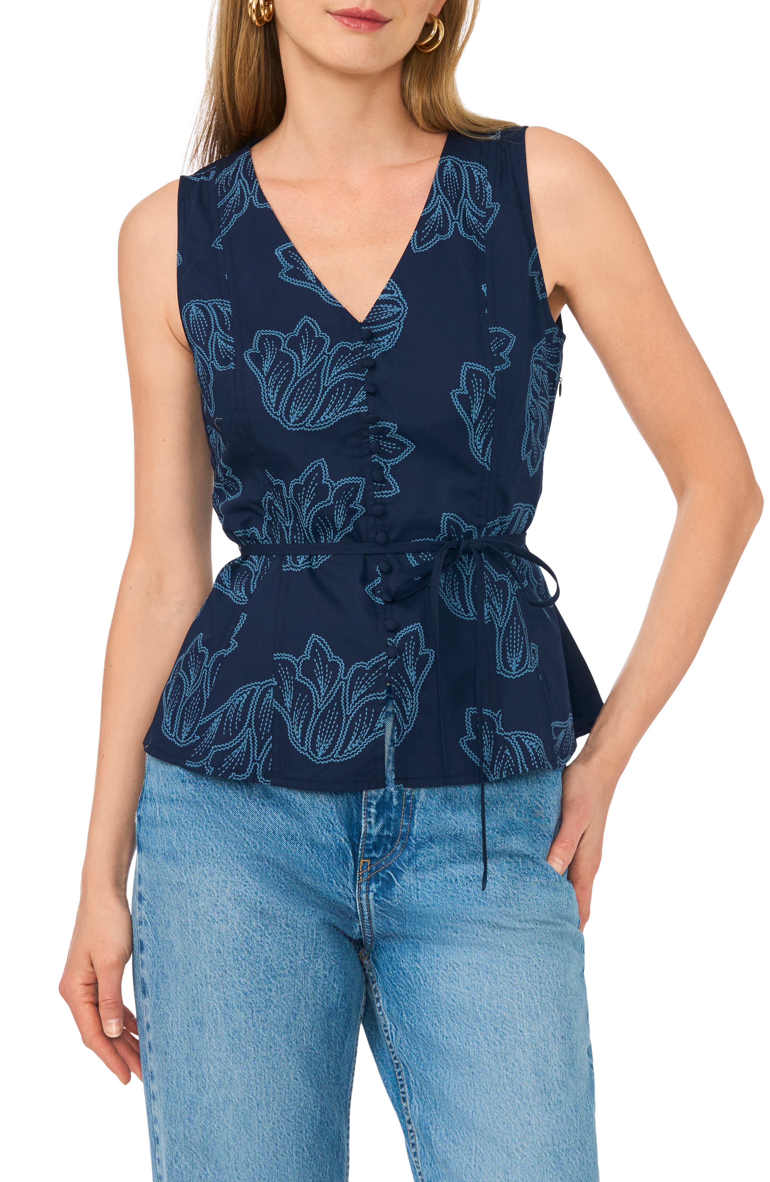 Vince Camuto Floral V-Neck Button-Down Tank