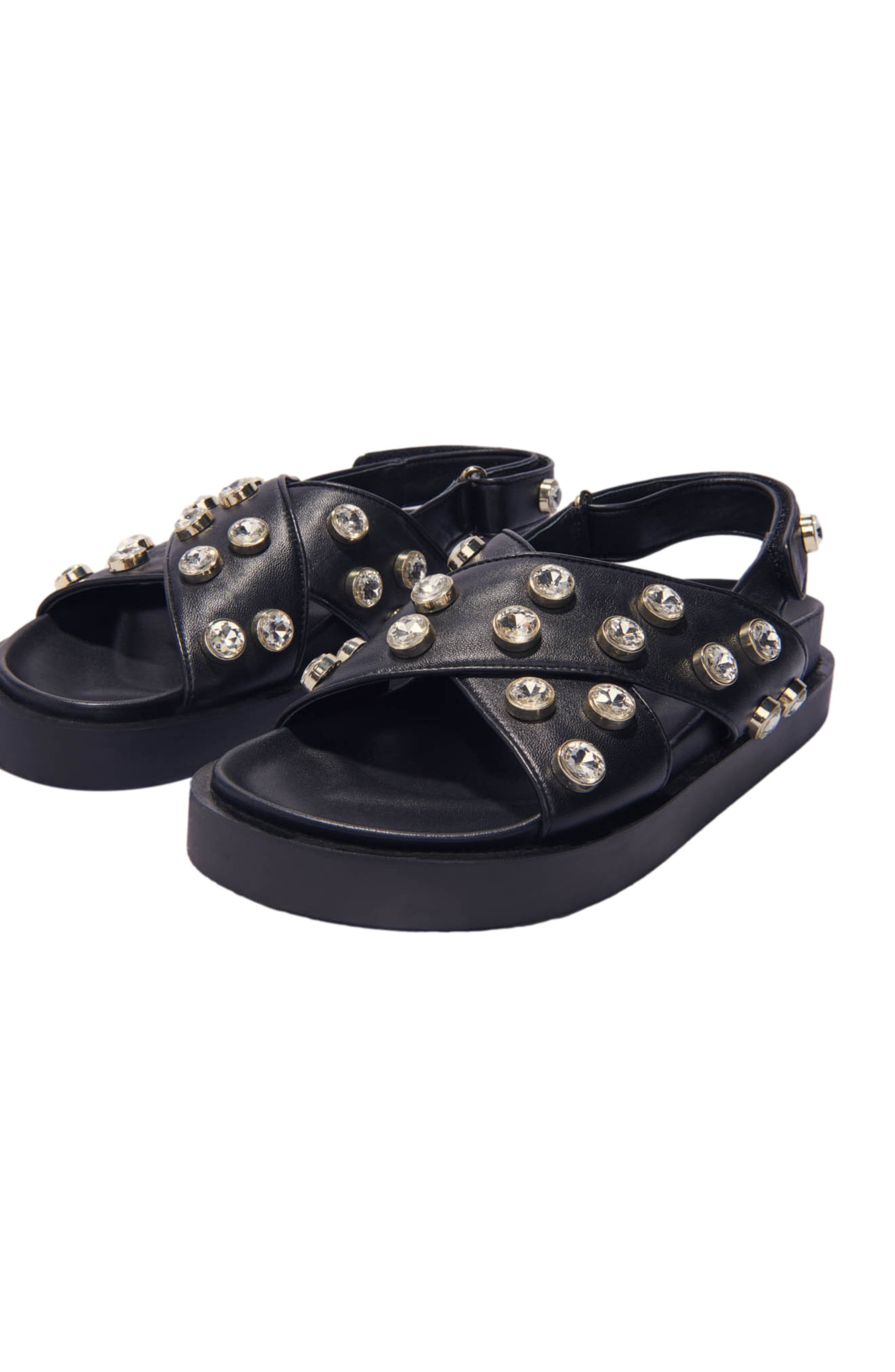 Flat leather and rhinestone sandals, Alternate, color, Black