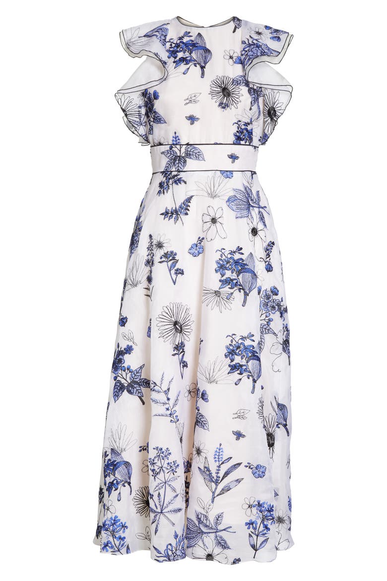 Embroidered Silk Ruffle Midi Dress, Alternate, color, IVORY / COBALT