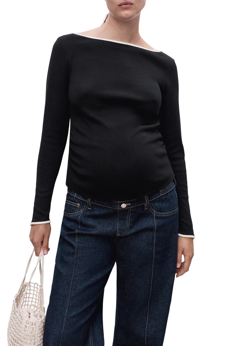 MANGO Boat Neck Long Sleeve Cotton Maternity Top, Main, color, Black
