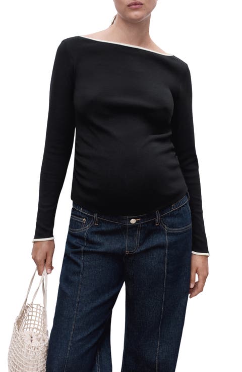 Boat Neck Long Sleeve Cotton Maternity Top