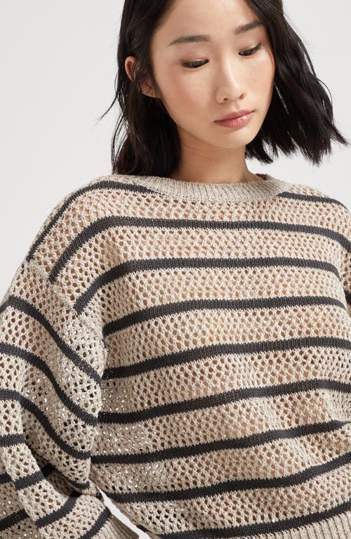 Brunello Cucinelli Micro Sequined Linen French Riveria Stripe Sweater In Light Grey