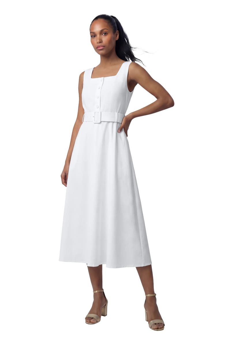 Jessica London Belted Linen Midi Dress, Main, color, White