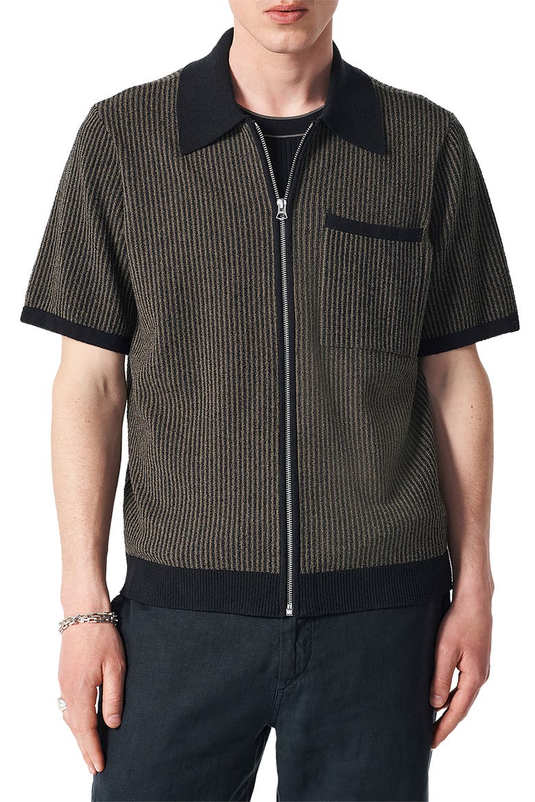 Zuma Jacquard Stripe Short Sleeve Knit Zip-Up Shirt, Main, color, BLACK