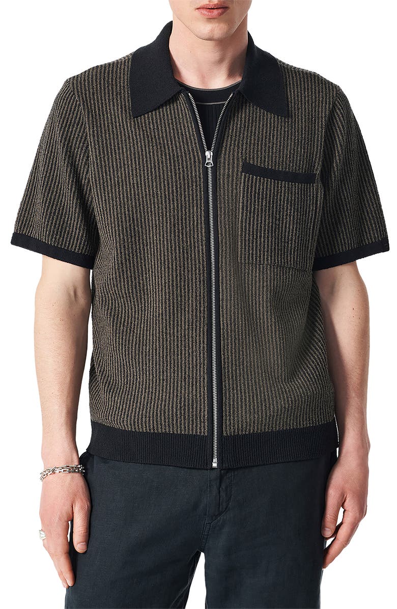 rag & bone Zuma Jacquard Stripe Short Sleeve Knit Zip-Up Shirt, Main, color, Black
