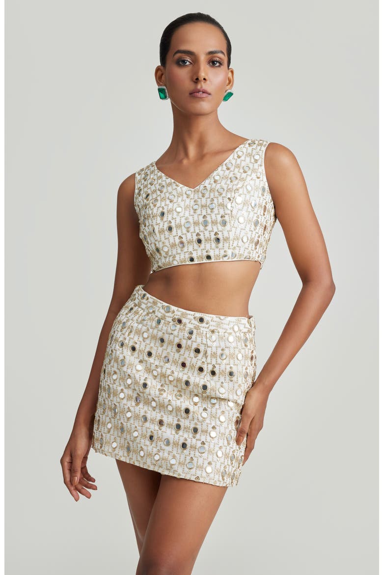 Roya Embroidered Georgette Miniskirt, Alternate, color, WHITE