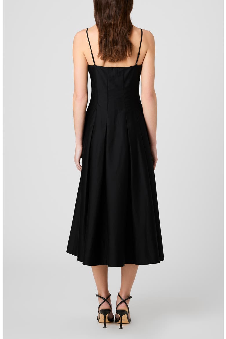 Pleated Stretch Cotton Sateen Midi Dress, Alternate, color, BLACK
