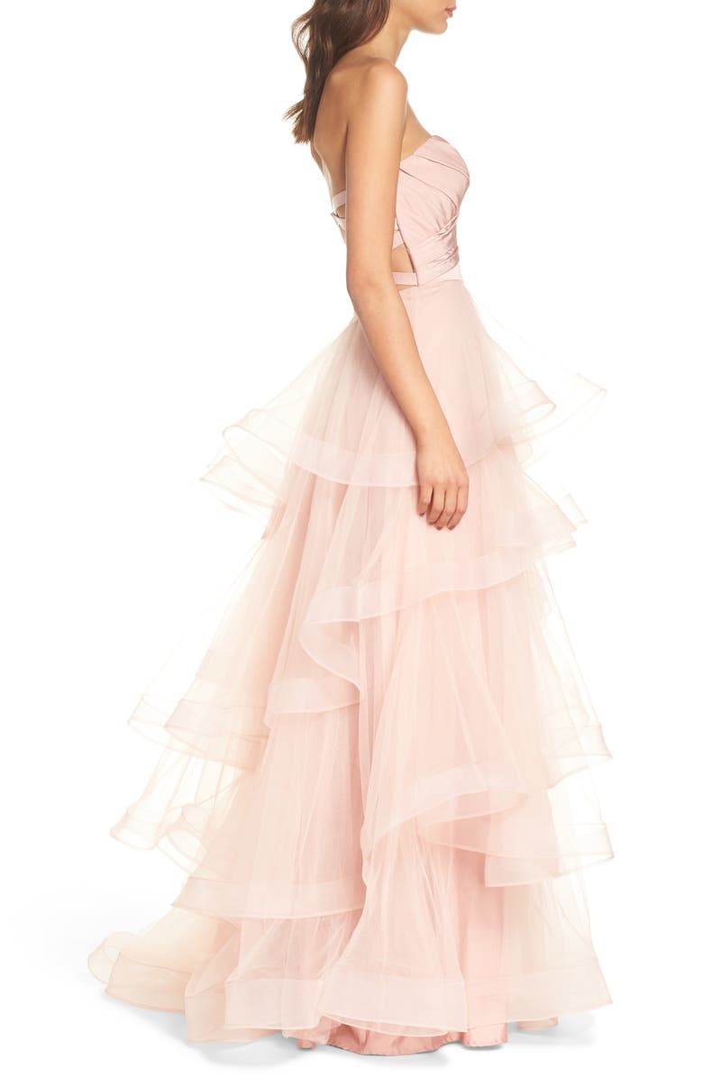 La Femme Strapless Layered Tulle Gown, Alternate, color,