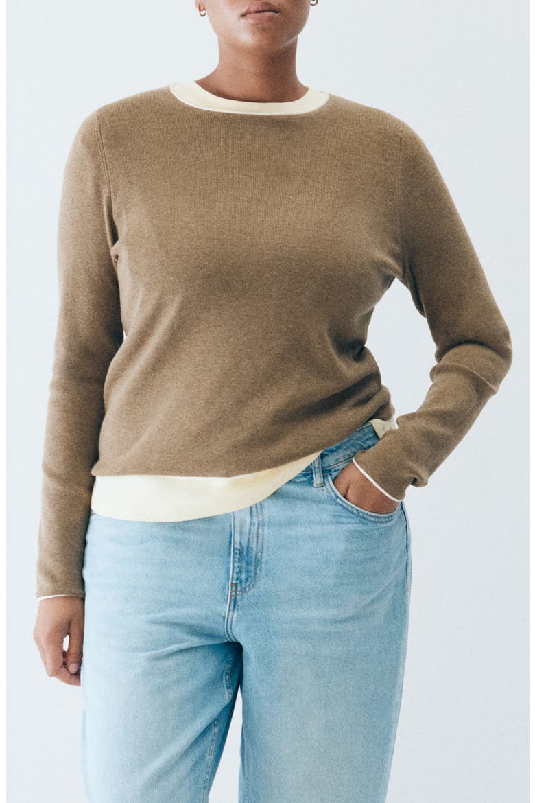 Contrast Trim Crewneck Sweater, Main, color, MEDIUM BROWN