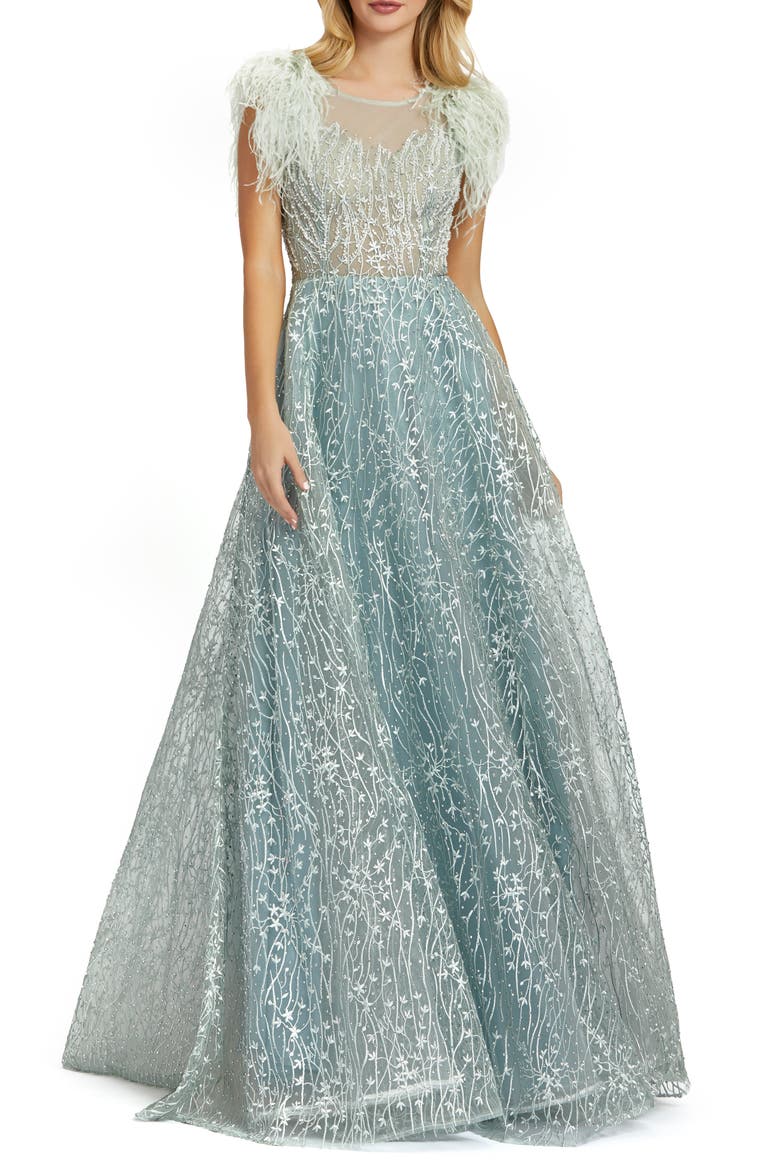 Crystal Lace Feather Sleeve A-Line Gown, Main, color, SEAFOAM