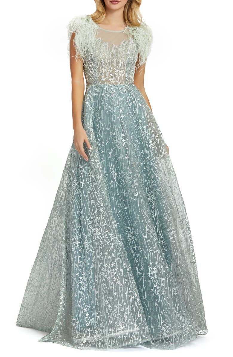 Mac Duggal Crystal Lace Feather Sleeve A-Line Gown, Main, color, 