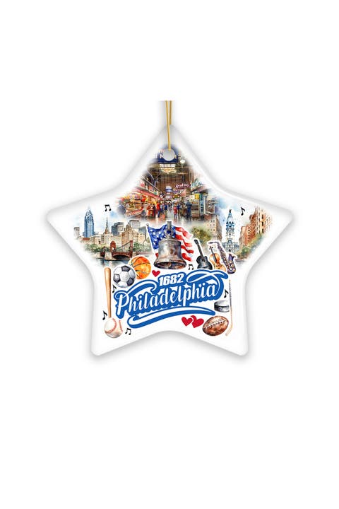 Philadelphia Landmarks Watercolor Star Ceramic Ornament