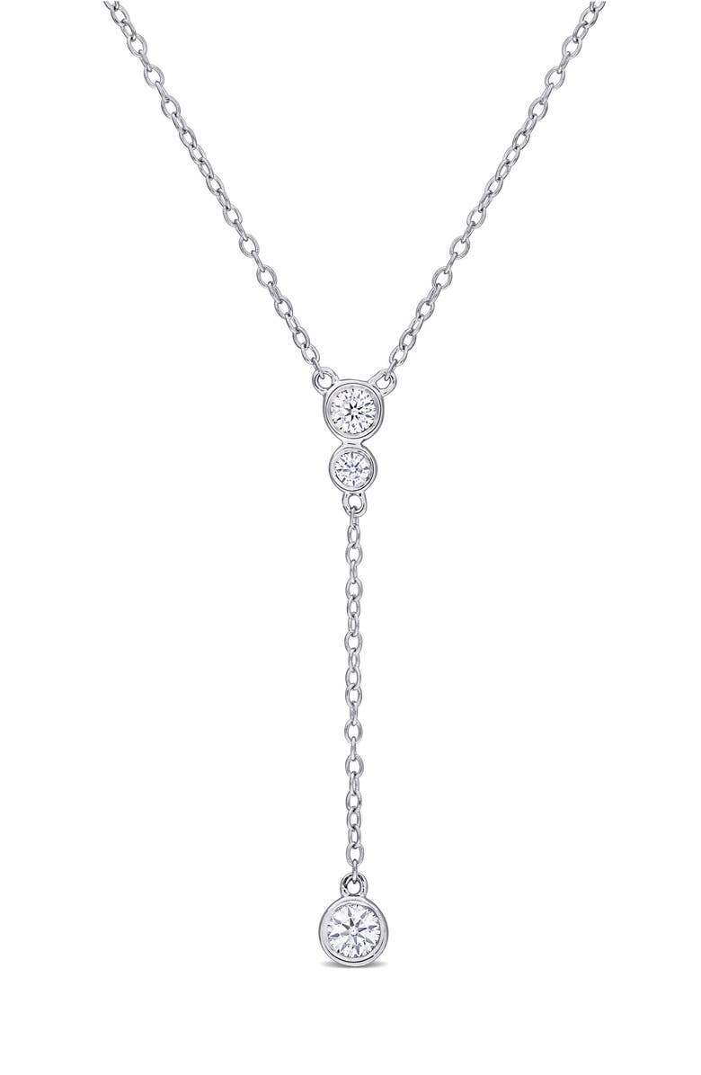 DELMAR Sterling Silver Created Moissanite Drop Pendant Necklace, Main, color, Silver/ White