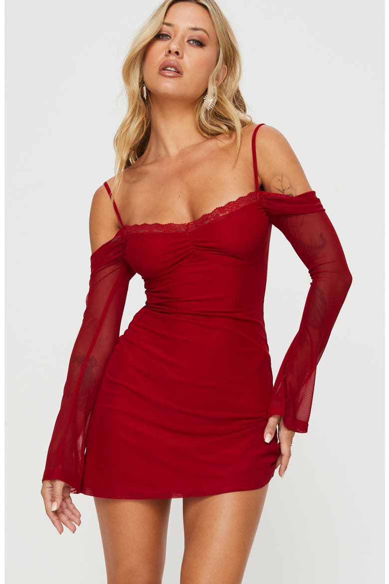 Edmone Lace Trim Cold Shoulder Long Sleeve Minidress, Alternate, color, RED
