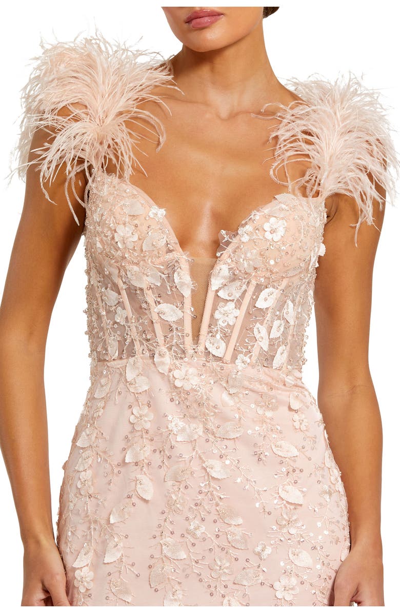 Mac Duggal Sheer Applique Bustier Gown with Feather Straps, Alternate, color, Peach