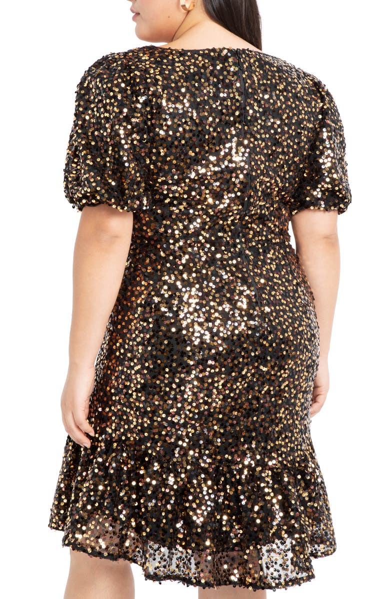 ELOQUII Sequin Puff Sleeve Fit & Flare Dress, Alternate, color, 