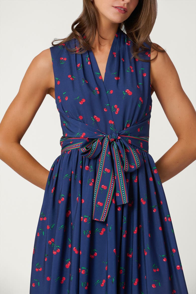 Cherry Border Print Crepe de Chine Thorton Dress, Alternate, color, Navy/Cherry