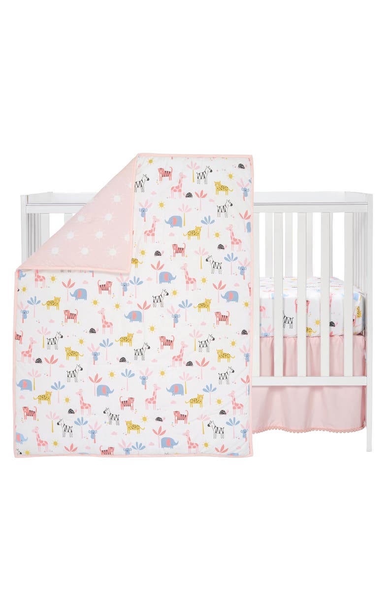 Lambs & Ivy Snuggle Jungle Pastel Safari Cotton Jersey 3-Piece Crib Bedding Set, Main, color, Pink