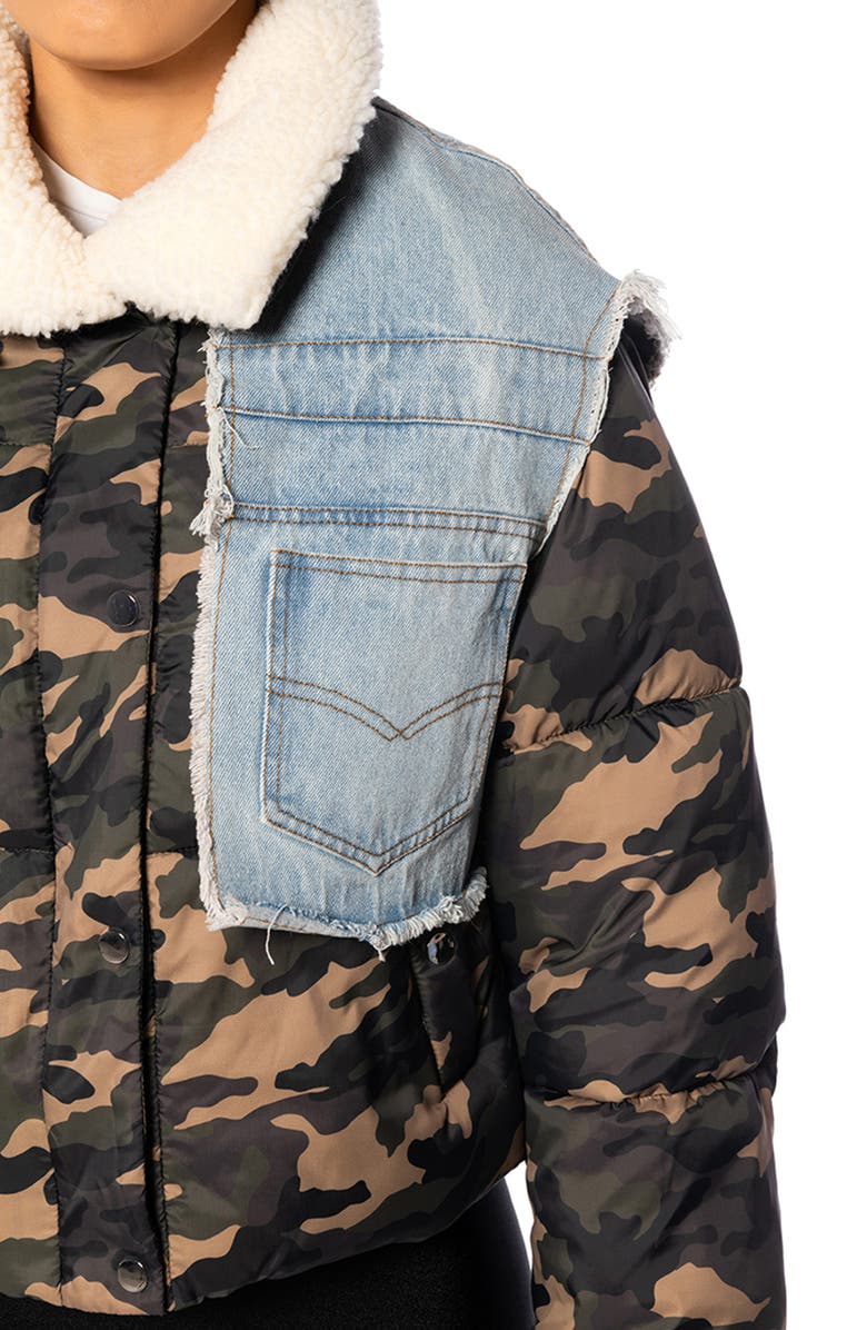 AZALEA WANG Hotshot Camo & Denim Puffer Jacket with Faux Shearling Collar, Alternate, color,