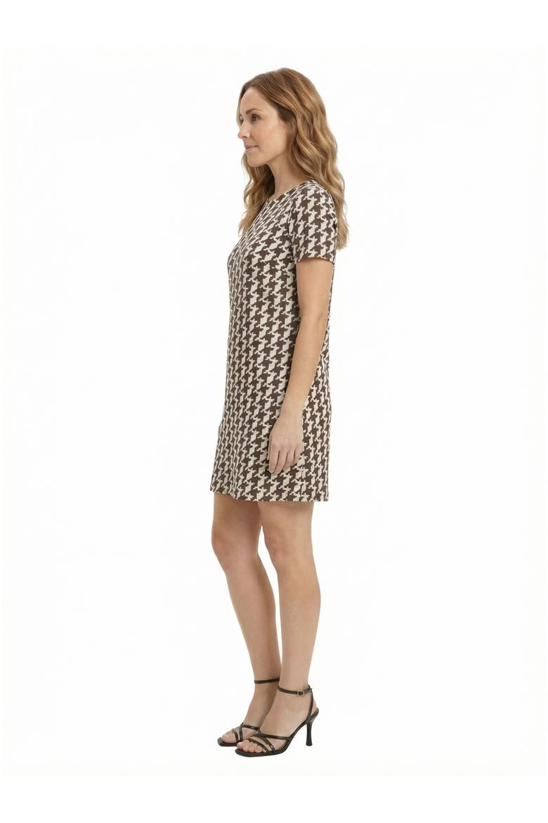 Essential Petite Geometric Short Sleeve Round Neck Mini Shift Dress, Alternate, color, Brown Multi