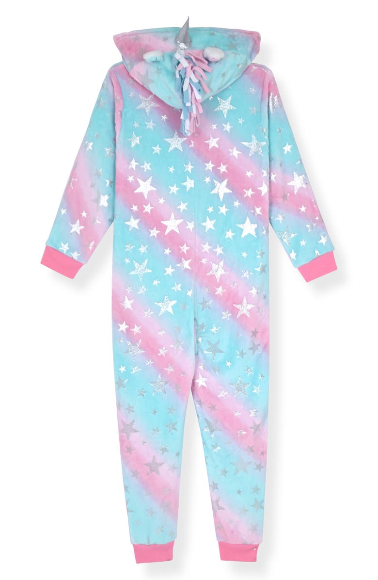 SLEEP ON IT Kids' Unicorn Fleece Hooded Romper, Alternate, color, Multi Blue